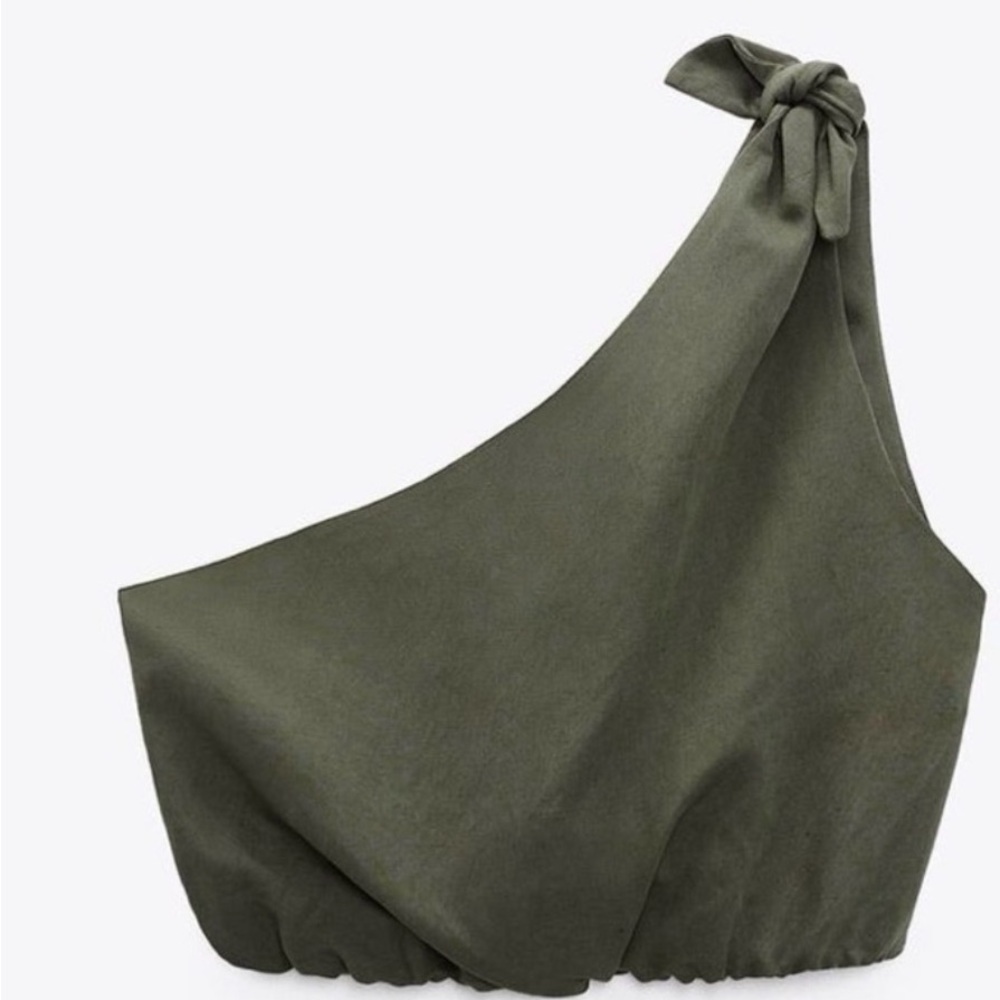 Zara Olive One-Shoulder Knot Crop Top
